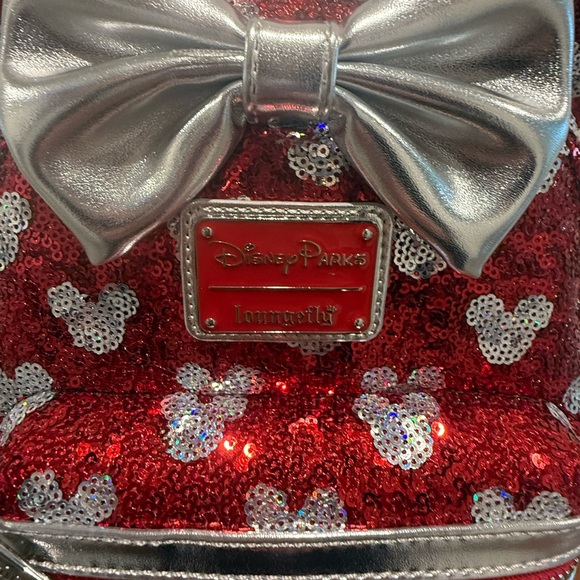 NWT Disney Parks Red Sequin Minnie Mouse Mini Backpack with Silver Bow - Picture 2 of 7